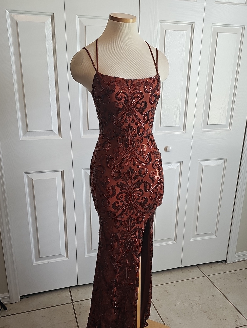 Windsor‎ Sequin Embellished Burnt Orange Evening Gown. Big Slit. Small